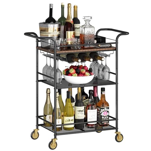 Carrinho de Bar de 3 Níveis com Rodas, Carrinho de Bar Externo para a Casa, com Rack de Vinho e Suporte para Copos, com Compartimento de Malha, Marrom