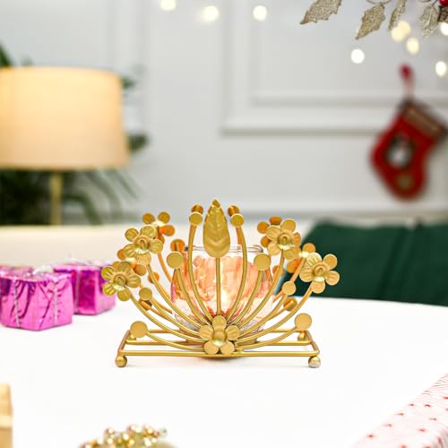 Image of MARKET 99 Metal+Glass Single Votive T-Light Holder Leaf Shape | Decorative Candle Holder for Christmas, Diwali, Birthday & Wedding | Elegant Home Decor Accent for Festive & Ambient Lighting - Golden