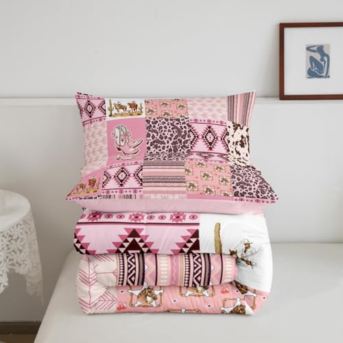 Image of Feelyou Pink Aztec Bedding Set King Size, Kids Western Decor Comforter Set Wild West Cowboy Cowgirl Comforter Boho Style Duvet Insert Bed Set 3Pcs