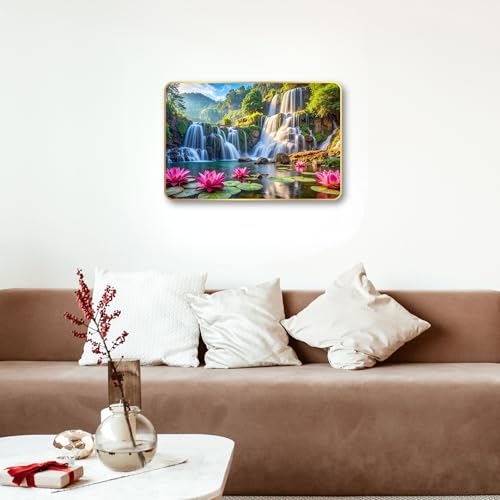 Image of Arkasto Lotus Waterfall MDF Wall Painting | Vastu Positive Wall Art for Living Room, Bedroom, Office & Home Decor | Nature Scenery with Waterfalls & Lotus Flowers (Style-04, 12x18 inch)