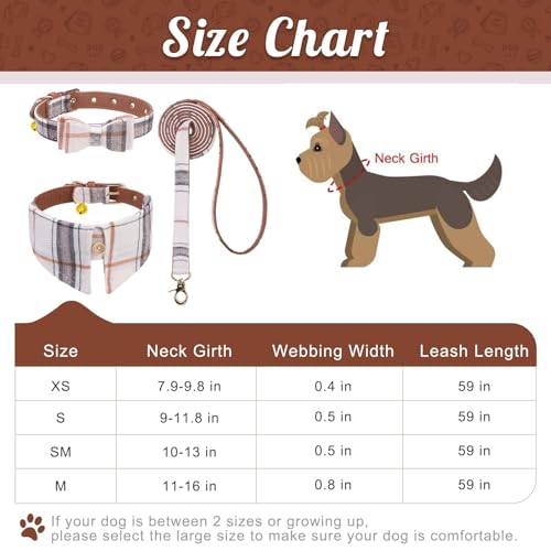 Image of EXPAWLORER Dog Collar and Leash Set - Classic Plaid Dog Collar with Bow Tie and Cute Bell, Dog Leash No Tangle, Adjustable Dog Collar for Small Medium Dogs Cats, Holiday Ideal Gift, Yellowish XS