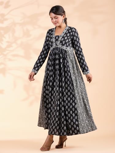 Image of Vbuyz Women's Floral Print Anarkali Cotton Aqua Blue Stitched Kurta | Anarkali Kurti for Women | Kurta for Women