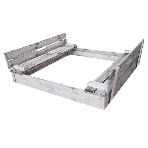 Sandkasten Holz mit Abdeckung Deckel und Sitzbank, Nadelholz grau...