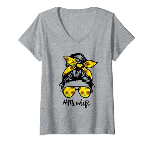 Mujer Girasol Messy Bun Mujeres Mamá Vida Gafas De Pelo Verano Mujeres Camiseta Cuello V