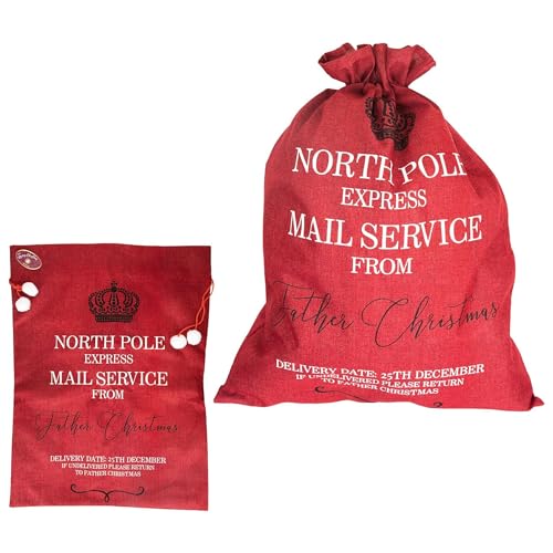 Trimming Shop Saco de Papá Noel rojo extra grande 'North Pole Express Mail Service' | Bolsa de regalo de arpillera de 60 x 80 cm con cierre de cordón | Almacenamiento festivo para regalos de Navidad,