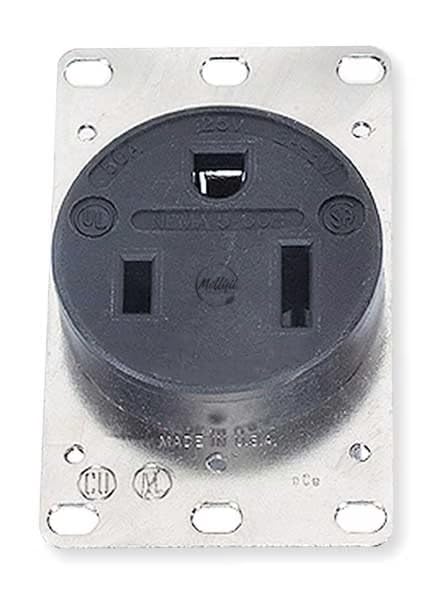 Receptacle, 50 A Amps, 125V AC, Flush Mount, Single Outlet, 5-50R, Black