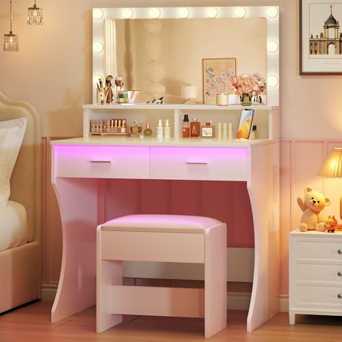 Image of Small Vanity Desk with Mirror and Lights, White Makeup Vanity with Chair, RGB Vanity Table Set with 2 Drawers & Power Outlets & LED Strip, 3 Color Modes & Adjustable Brightness for Women Girls Bedroom