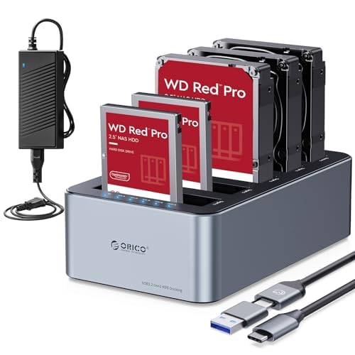 ORICO Aluminium Clone HDD Docking Station, 5 Bay Festplattengehäuse USB 3.2 Gen 1 für SATA 2,5/3,5 Zoll SSD/HDD bis zu 5 x 20 TB, Offline-Klonen, 12V/6,5A Netzteil (6656C3-C)