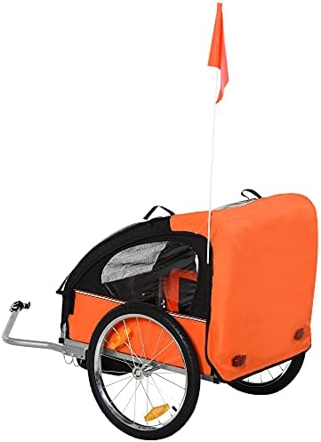 HOMCOM 2 Seat Bike Trailer Bicycle Wagon for Kids Child Steel Frame Safety Harness Seat Carrier Orange Black 130 x 76 x 88 cm