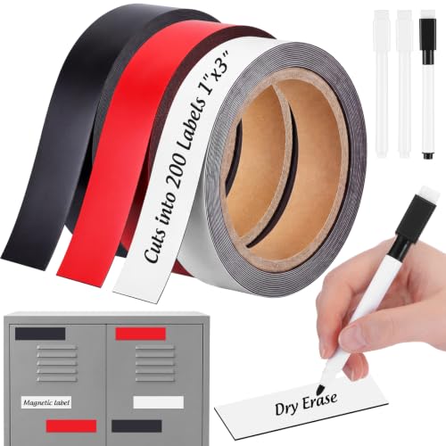 Poola Voidra 3 Rolls Dry Erase Magnetic Labels 1Inch x 49.2Ft with 3 Erasable Marker Reusable Magnetic Tool Box Label Magnet Name Tag Self Cut Strip for Whiteboard Filing Cabinet Classroom Office Home