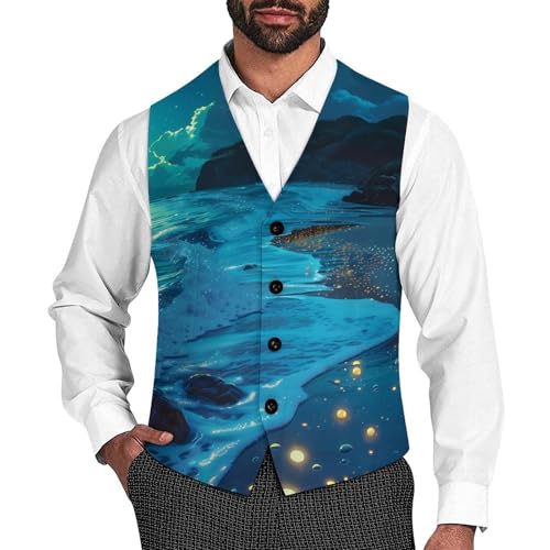Beach in Moonnight Novelty Men's Suit Vest Casual Formal Dress Vests Business Waistcoat