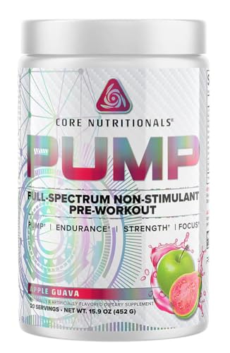 Image of Core Nutritionals Pump Full-Spectrum Non-Stimulant Pre-Workout, with N03T Nitrate, Peak02, Alpha GPC, for Maximum Pump, Strength, and Performance 20 Servings (Apple Guava)
