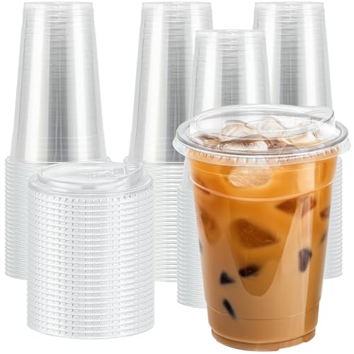 Clawsoff 16 oz 100 Pack Clear Plastic Cups with Lids, Sturdy Iced Coffee Cups with Sip Lids, Disposable Food Safe Smoothie Cup for Cold Drinks, Juice, Milkshake