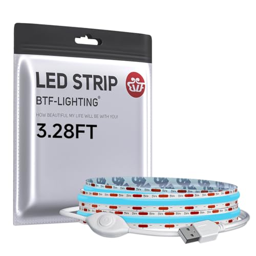 Image of BTF-LIGHTING FCOB COB LED Strip Lights 5V USB Powered Ice Blue Color for TV