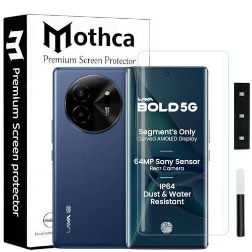 Image of Mothca Curved UV Tempered Glass Screen Protector for Lava Bold 5G | Transparent | Pack of 1 | Full Screen Coverage with UV Installation Kit