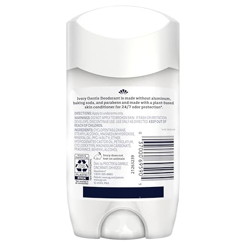 Ivory Aluminum Free Deodorant, Notes of Coconut, 24hr Gentle Deodorant, Dermatologist Tested, Baking Soda Free, Paraben Free, 2.4 oz