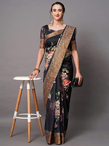 Image of AKHILAM Women's Ikat Linen Saree With Blouse Piece