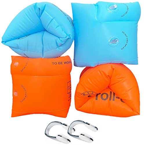 Brassards de Natation, 4 Pcs Brassard Gonflable et 2 Pcs Pince-Nez, Système de Sécurité Indépendant a Deuxième Chambres, pour Enfant dès 2 Ans et Aux Adultes de Moins de 100 kg - Bleu et Orange Cover