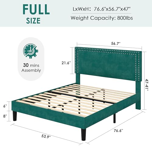 Image of VECELO Full Size Platform Bed Frame with Height Adjustable Upholstered Headboard, Modern Mattress Foundation,Strong Wood Slat Support, No Box Spring Needed, Easy Assembly,Dark Green