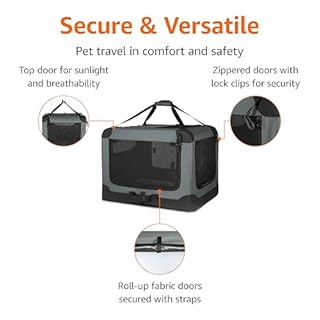 Amazon Basics 4-Doors Portable Soft-Sided Folding Travel Crate Kennel for cat, dog, and other small animals, Grey, L 91 cm x 61 cm x 61 cm