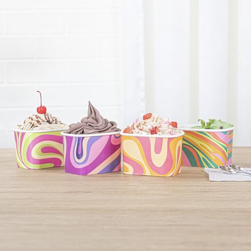 Image of Restaurantware Paper Cups 200 Count 12 Ounce Square Disposable Ice Cream Containers, Leak-Resistant Paper Dessert To Go Cups, Hot And Cold Food, Durable Assorted Groovy Design