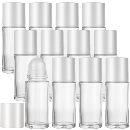 12 PCS 50ML Round Glass Empty Roller Bottles, Refillable Roller Ball Applicator Glass Deodorant Roller Bottle with Lid, Roll On Bottles Containers for Perfume, Essential Oils, Cosmetic
