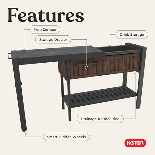Image of Keter Extendable Outdoor Bar Cart with Hidden Cooler, Storage Drawers & Prep Surface - Mobile Patio Serving Station with Drainage Kit & Hidden Wheels for Backyard, Garden & Poolside Entertaining