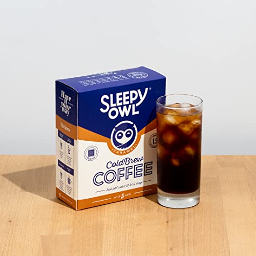 Image of Sleepy Owl Caramel Cold Brew Coffee Bags | Set of 5 Packs - Makes 15 Cups | Easy 3 Step Overnight Brew - No Equipment Needed | Medium Roast | 100% Arabica | Directly Sourced From Chikmagalur