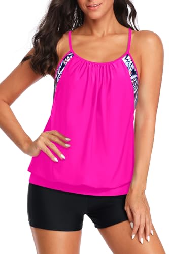 Image of Yonique Two Piece Tankini Bathing Suits T-Back Blouson Swim Tops with Boy Shorts Women Swimsuits Sporty Swimwear