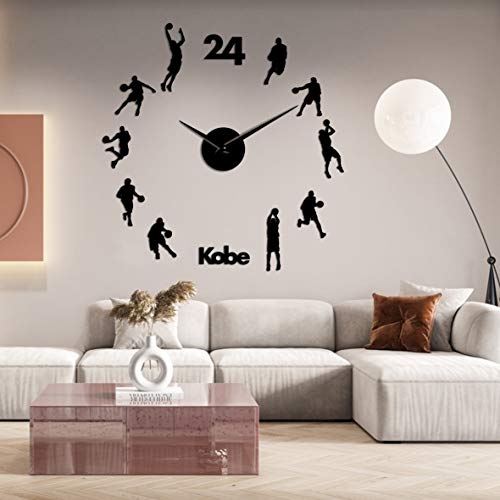 Players DIY Big Wall Clock Sports Room Decorative Watch Mirror Effect Basketball Lovers 3D Decor Sticker Mirror Frameless Large Kit for Home Living Room Bedroom Office Decoration (Black)
