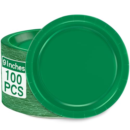 100 Pack Green Paper Plates 9" Round Disposable Dark Green Tableware Set
