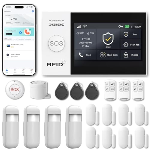 Alarmanlage Haus WLAN + 4G ohne Monatsgebühr, 4,3' Touchscreen, App-Steuerung mit SMS & Batteriewarnung – Sicherheitssystem für Haus & Alarmanlage Wohnung, Alexa kompatibel (Lot de 21 Articles)