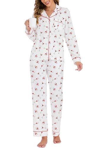 Image of LUBOT Christmas Pajamas for Women 100% Cotton Pajama 2 Piece PJ Set Soft Long Sleeve Button Xmas Print Loungewear XS-XXL