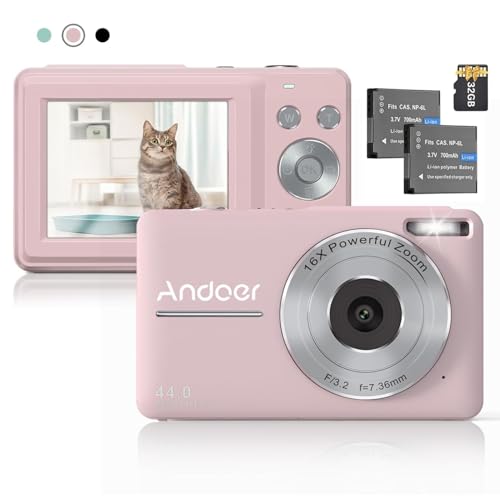 Andoer Digital Camera with 32G TF Card, 44MP Compact Camera, 16X Digital Zoom Anti-Shake 1080P Vlogging Camera, Auto Focus Portable Camera for Kids Teen Adult Beginner, Pink