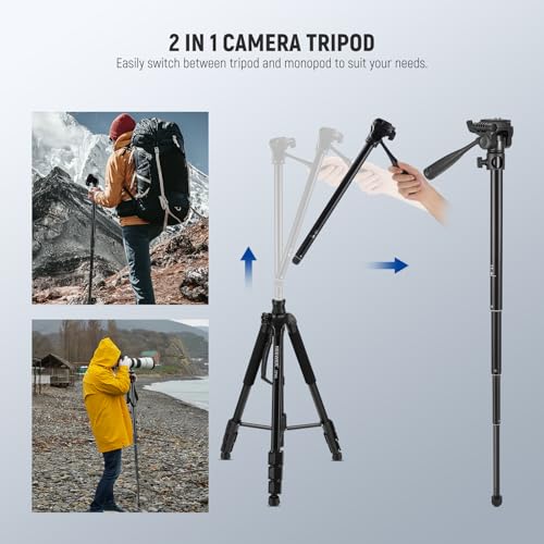 Image of NEEWER Basics TP05 74 inch Video Tripod Monopod, 3 Way Pan Tilt Head Phone Holder Compatible with iPhone DSLR, Travel Recording Stand, Overhead Camera Mount, Crossbar, 17.6lb Load
