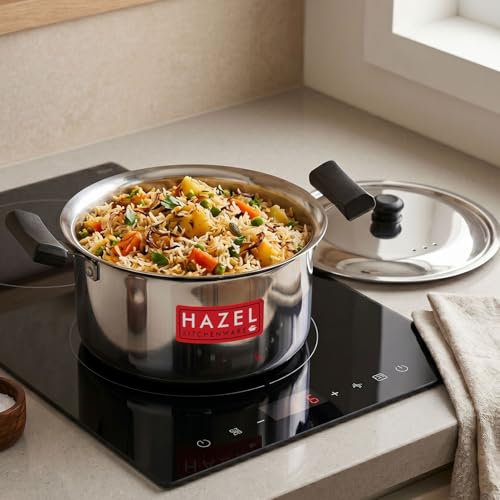 Image of HAZEL Stainless Steel Casserole with Lid, 3 Litre, 19.3 cm | Flat Bottom Patila, Cool Touch Handles, Milk Tope for Induction Cooktop & Gas, Steel Bhagona
