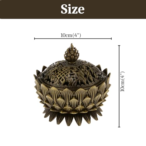Image of Lotus Incense Burner, Bronze, Metal, 10cm x 10cm, Tibetan Style, with Lid, Dhoop Batti, Dhuni Holder for Temple and Home
