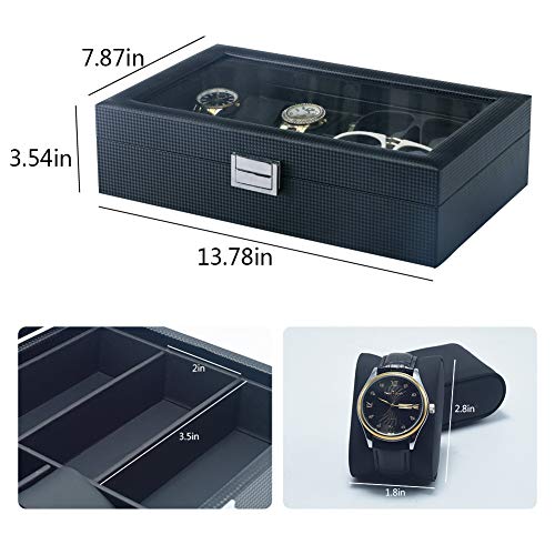 MQ Watch Box Eyeglass Sunglass Organizer with Glass Top for Men / Women, Carbon Fiber Watch Holder Jewelry Case Box, 6 Slot for Watch Display & 3 Compartment for Eyeglass Collection (Black)