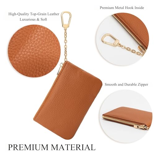 Image of Full Grain Leather Coin Purse with Key Chain - Small Change Purse Keychain Card Holder Keychain Pouch Small Keychain Wallet for Women and Men (Brown, Large Size)