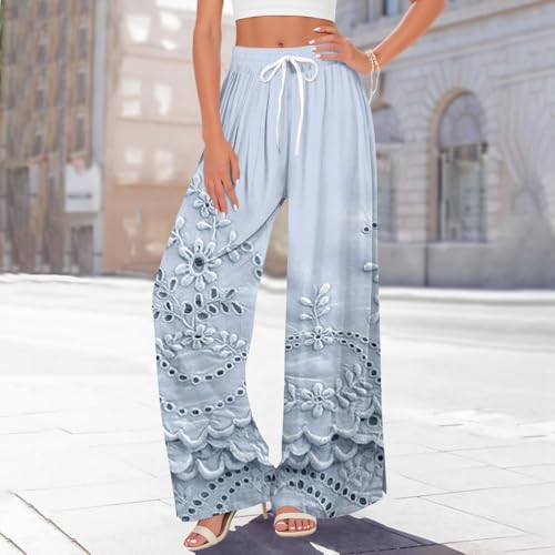 Summer Pants for Women 2025 Retro Print Elastic High Waist Drawstring Pockets Palazzo Trousers Flowy Beach Wide Leg Pants2