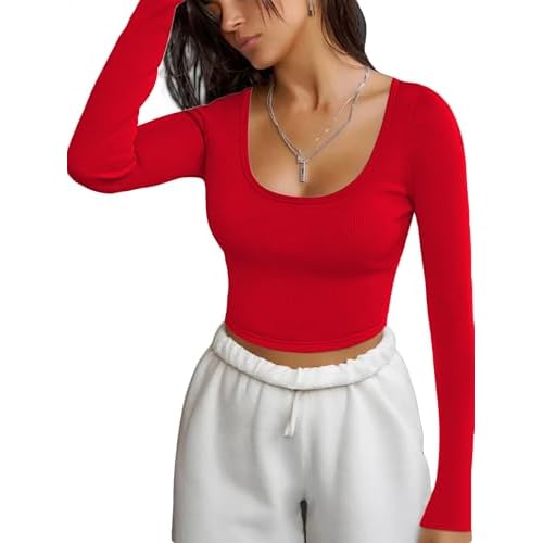 iGENJUN Long Sleeve Shirts for Women Ribbed Knit Tops Casual Basic Fitted Slim Cute Crop Tops Fall Outfits 2025 Small Red