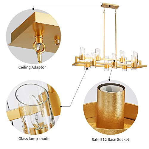 Image of WUZUPS Island Rectangle Chandelier 10-Light with Clear Glass Industrial Modern Farmhouse Linear Light Fixture for Dining Room Kithen Island, Width 42.5 inch Height 10.4 inch, Gold
