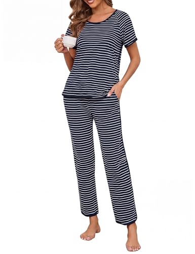 Image of Womens Pajama Sets Cotton 2 Piece Lounge Set Stripe Short Sleeve Pj Set Comfy Loungewear Sleepwear with Pockets
