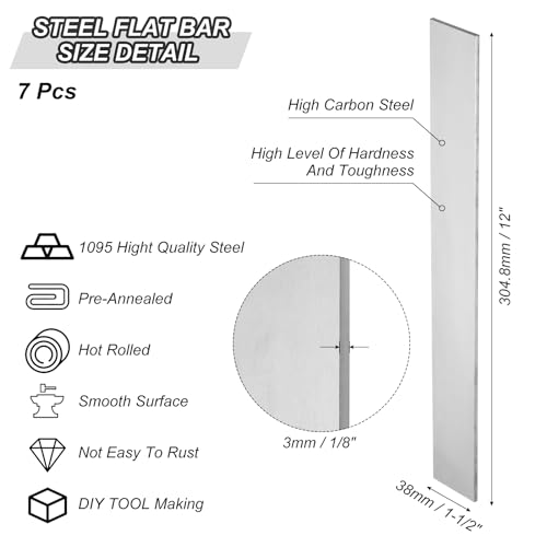 PATIKIL 7er Pack Federstahl 1095 für Messerherstellung, 12 x 1 1/2 x 1/8 Stahlblech für DIY Blankblech, professionelle und Hobbynutzung