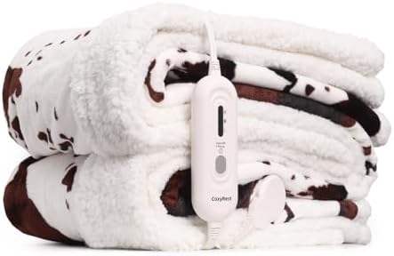 Cow Print Electric Blanket – Heated Throw Blanket with 3 Heat Settings & 4-Hour Auto Shutoff, Fast Heating, Soft Flannel & Sherpa Fleece, Machine Washable, 50 x 60 Inches (Beige Cow Stripes, Throw)