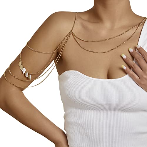 Bohemian Shoulder Chain Necklace Layered Upper Arm Chain Bracelet Tassel Leaf Shoulder Chain Summer Bikini Body Chain Jewelry For Women (Gold) #TOP1