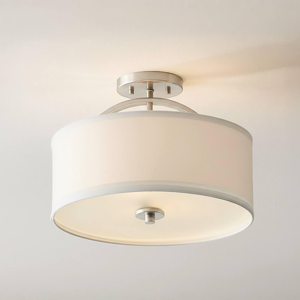 Possini Euro Design Halsted Modern Close to Ceiling Light Semi Flush Mount Fixture 15" Wide Brushed Nickel Silver White Linen Drum Shade for Bedroom Hallway Living Room Dining Room Bathroom Kitchen