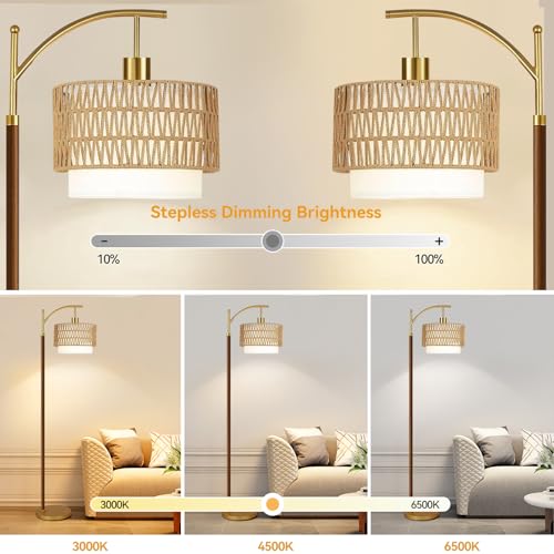 Image of ZECOXOL Boho Floor Lamps for Living Room Rattan Floor lamp with Remote Control & 3 Color Temperatures,Vintage Wood Mid Century Modern Standing Lamp Dimmable Tall Floor Lamp for Bedroom Corner