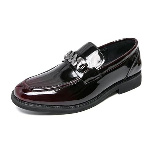 Men's Patent Leather Metal Formal Dress Loafers Retro Round Toe Chunky Block Heel Comfortable Non-Slip Slip-On Penny Shoes for Party Wedding Business