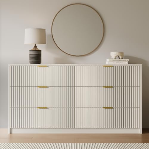 Image of MAISONARIA 6 Drawer Dresser for Bedroom, 55 inch Wide Modern Chest of Drawers with Gold Metal Handles, Fluted Wood TV Stand for Living Room, Hallway(Beige)